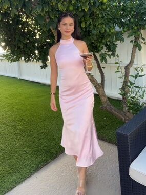 Cider Pale Pink Halter Satin Maxi Dress